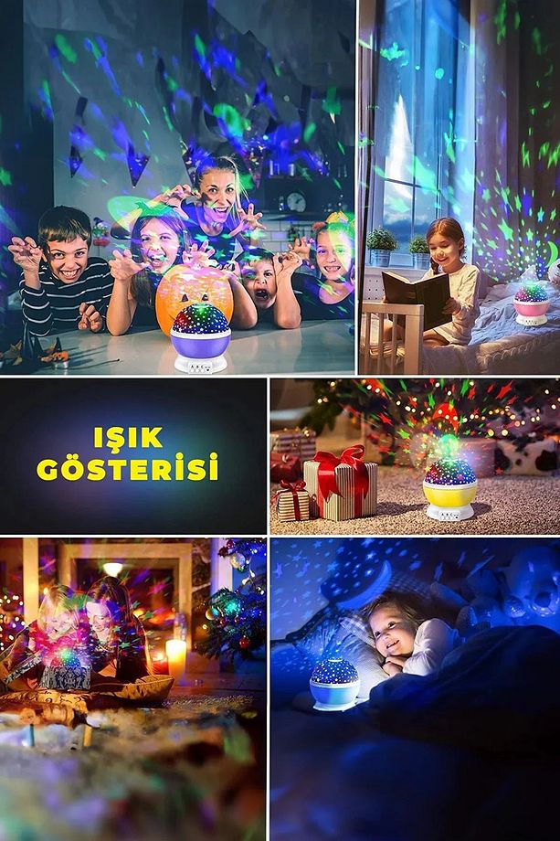 Pilli Gece Lambası 8 Farklı Mod Elektrikli Ambians Işık Duvara Yansıtma Projeksiyon Uyku Dostu Led - 7