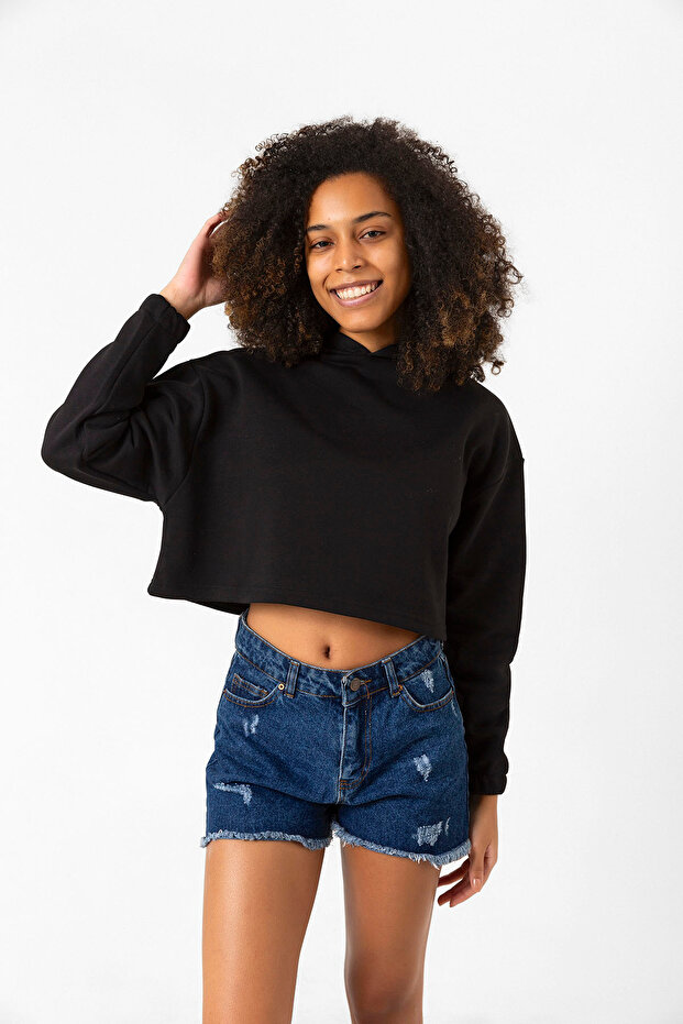 Basic Siyah Kapüşonlu Crop Sweatshirt - 1