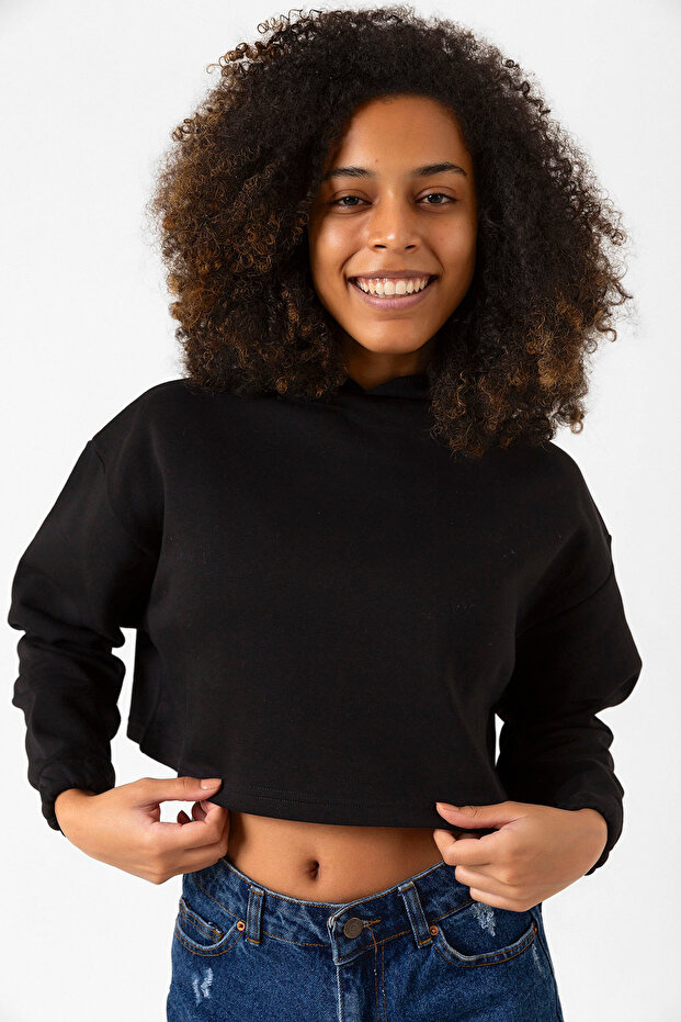Basic Siyah Kapüşonlu Crop Sweatshirt - 5