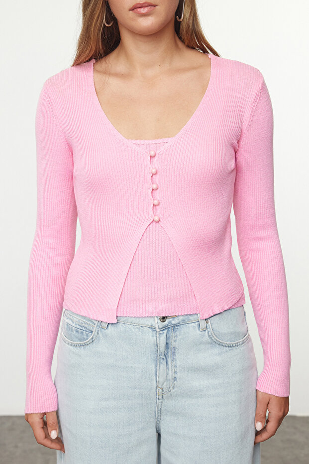 Pembe Crop Bluz-Hırka Takım İnce Triko Hırka TWOAW25HI00302 - 3