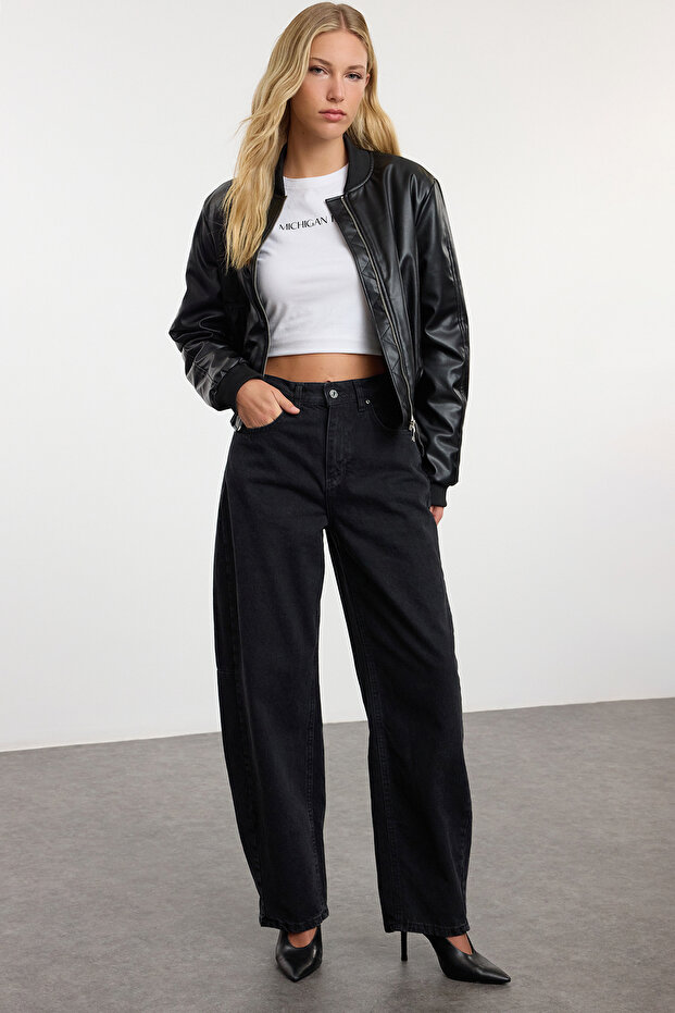 Siyah More Sustainable Dikiş Detaylı Düşük Bel Loose Baggy %100 Pamuk Jeans TWOAW25JE00328 - 1