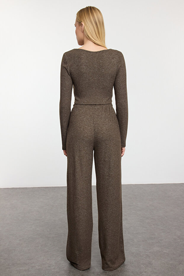 Kahverengi Yumoş Crop ve Wide Leg/Geniş Paça Örme Alt Üst Takım TWOAW23AU00125 - 5