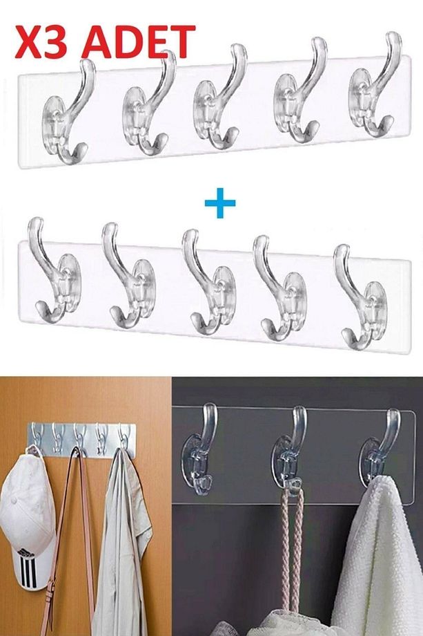 3 Adet Kendinden Yapışkanlı Güçlü Şeffaf 5'li Askılık - Kapı Arkası Mutfak Duvar Banyo - 1