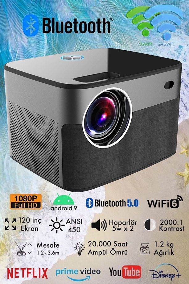 Projeksiyon Taşınabilir Sinema Projektörü 1280 * 720p Ev Sineması Bluetooth Android 11 Akıllı Wifi - 1