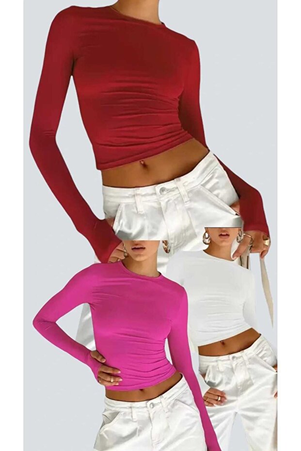 Crew Neck Finger Detailed Basic Bodysuit 1White1Fuchsia1Red