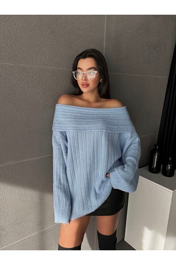 Blue Women's Oversize Knitwear Sweater with Open Shoulders