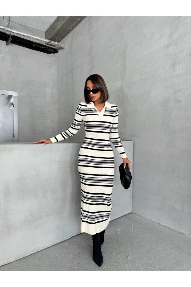 Women's Ecru Polo Neck Striped Long Sleeve Knitwear Dress