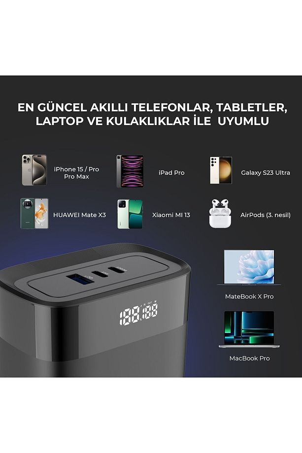 Pb140w 30000mah Usb Ve 2*type-c Pd 140w Üç Çıkışlı Dijital Ekranlı Powerbank Siyah - 6
