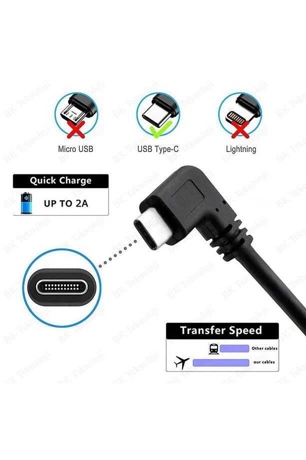 USB Erkek to 90 Derece Sağ/Sol Açılı Type-C Erkek Data Şarj Kablosu 25cm - 4