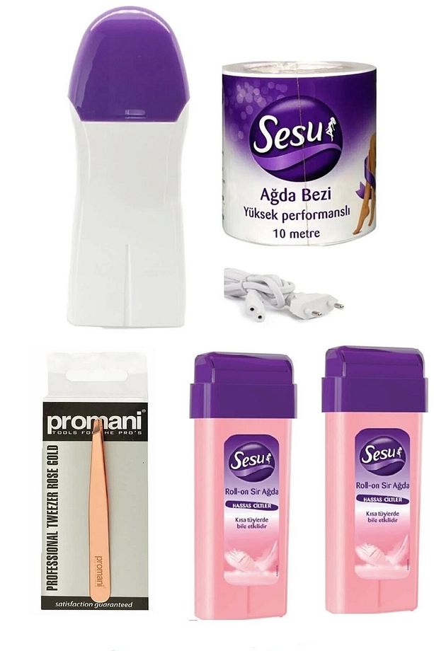Roll-on Kartuş Ağda Pudralı 2 Adet Ağda Makinesi Isıtıcısı Ağda Bezi ve Cımbız - 1