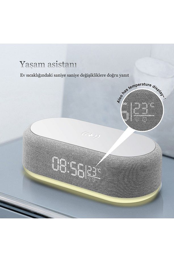 Çok fonksiyonlu Masa ve Gece Lambası  Hızlı Kablosuz Şarj Çalar Saat Zaman LED Işık Termometre - 9