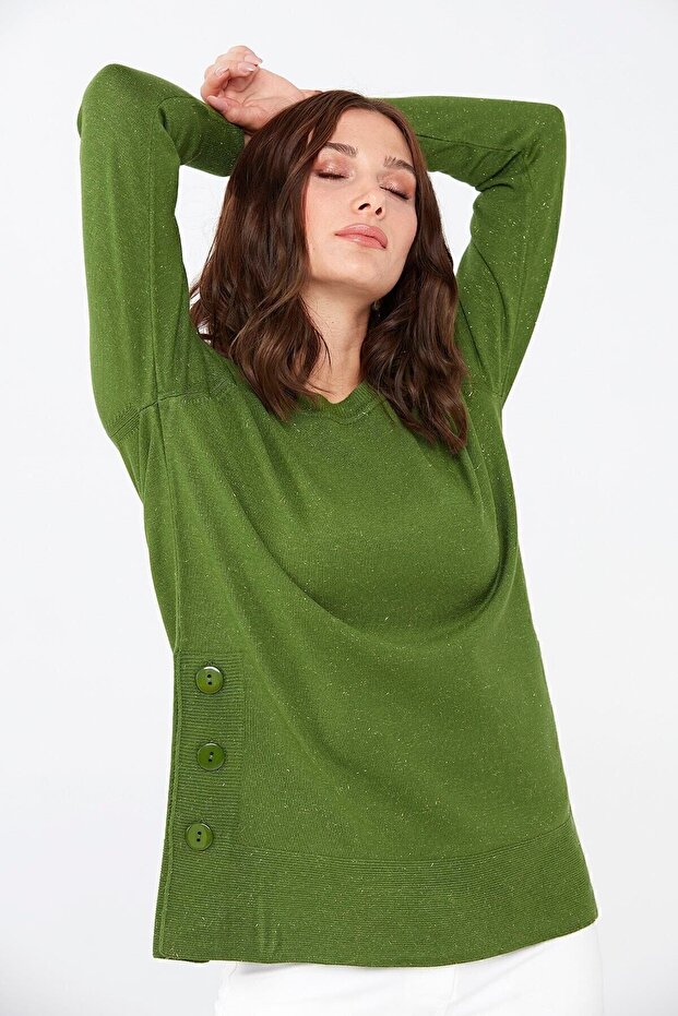 Women's Silvery Sweater with Buttons on the Sides and Skirt Dark Moss
