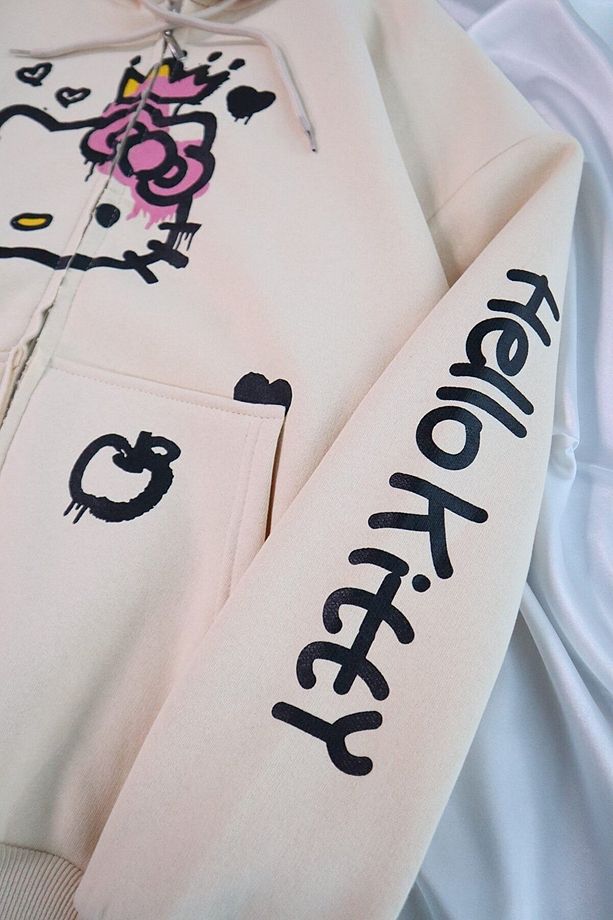 Hello Kitty Kışlık Hırka - Bej  Baskılı Oversize Şardonlu Kapüşonlu - 3