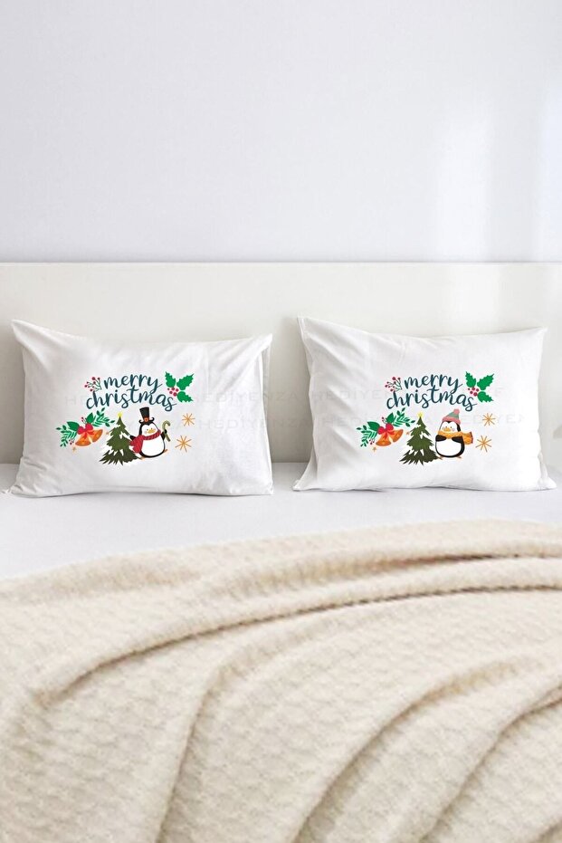 New Year Mery Christmas Penguins Double Decorative Pillow Case 50x70 Cm - White