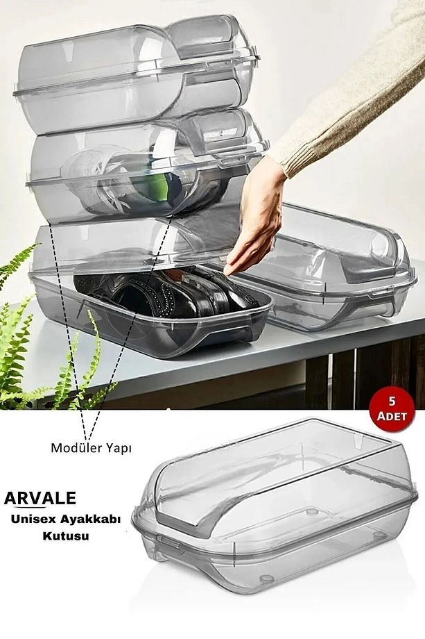 Hava Alan Füme Kilit Kapak Unisex Ayakkabı Saklama Kutusu | Modüler Yapı | Ayakkabı Depolama-5 Adet - 1