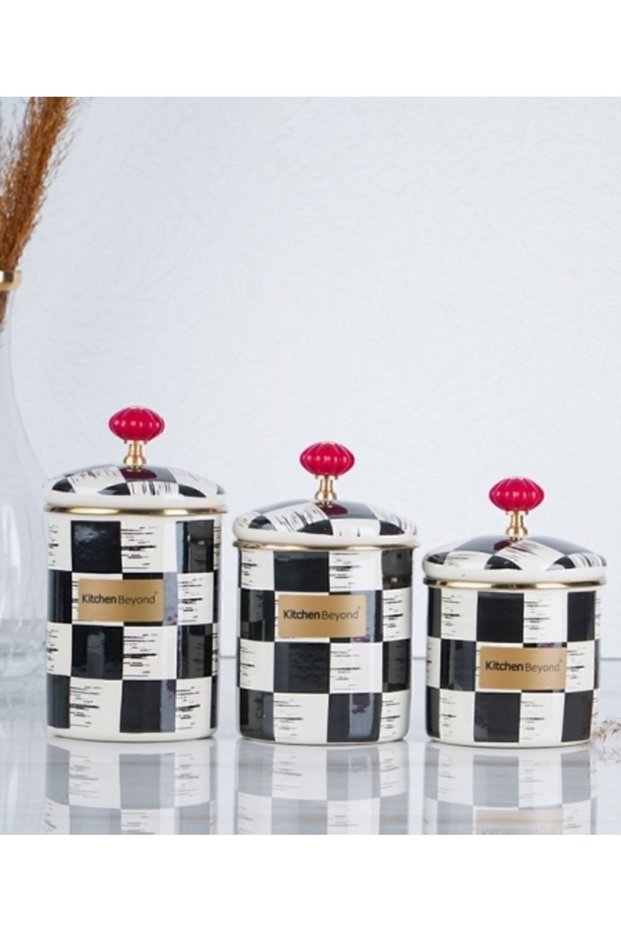 Acar Kitchen Beyond Checkerboard Pattern Black-cream Enamel 3-Piece Jar Storage Spice Set 0516