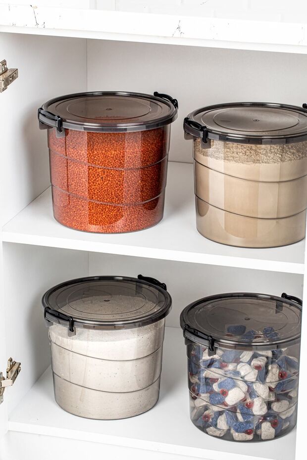 Mega Size 2 Piece Round Flour and Legumes Container 7 Liters - Detergent Storage Box Container with Handle Anthracite - 5