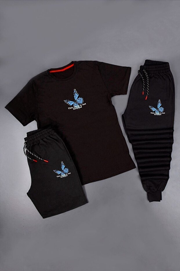 مجموعة بدلة رياضية مطبوعة على شكل فراشة للجنسين مكونة من 3 قطع