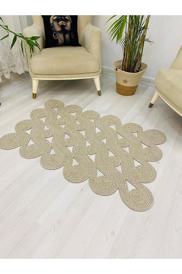Jüt Hasır görünümlü Desenli Modern El Örgüsü Dikdörtgen Halı Kilim - 2