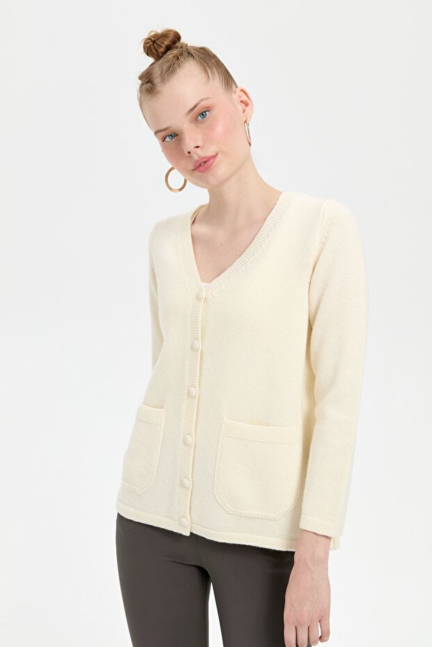 Kadın V Yaka Basic Yün Hırka Kemik - 2