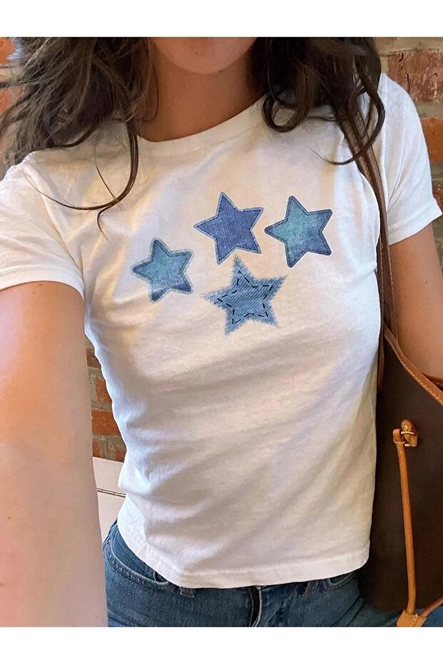 Mavi Star Baskılı Crop Bluz - 1