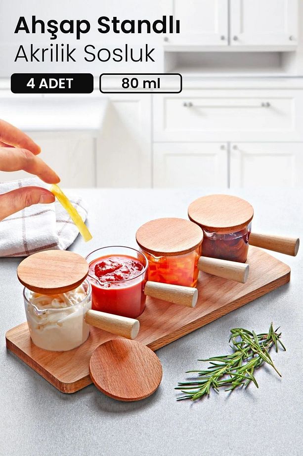 4 Adet Ahşap Saplı Kapaklı Standlı Mıka Reçellik Sosluk Kahvaltı Seti - 80 ml - 1
