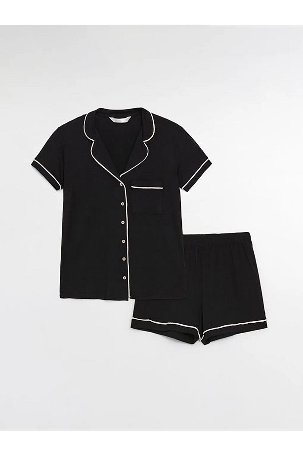 Gömlek Yaka Düz Kısa Kollu Kadın Şortlu Pijama Takımı - 1