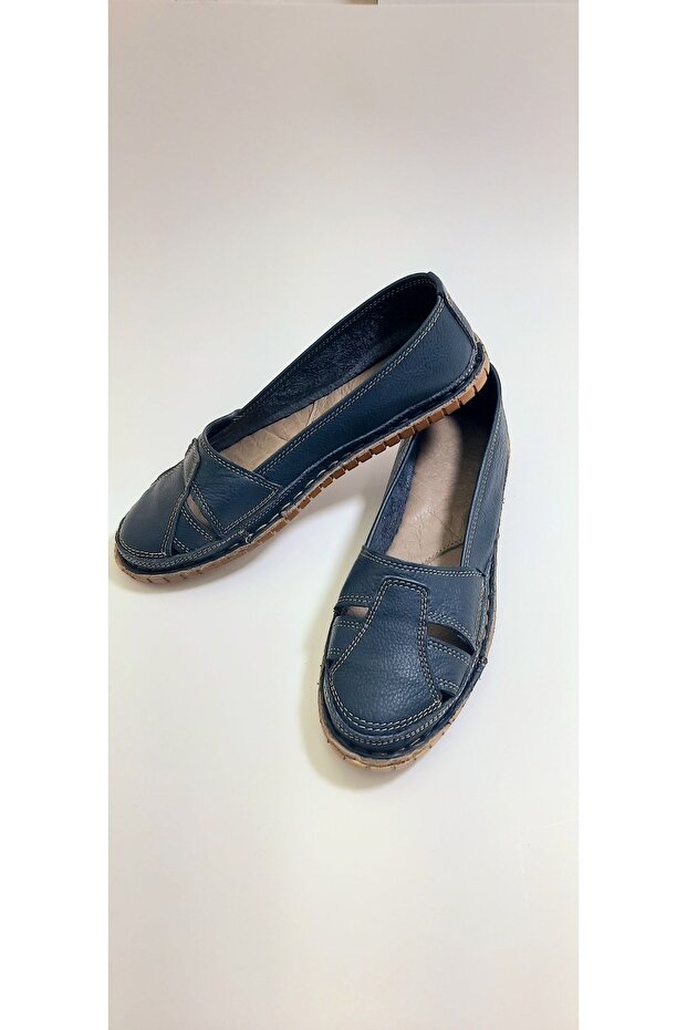 Inside and Outside 100% Genuine Genuine Leather Braided Navy Blue Ballerinas