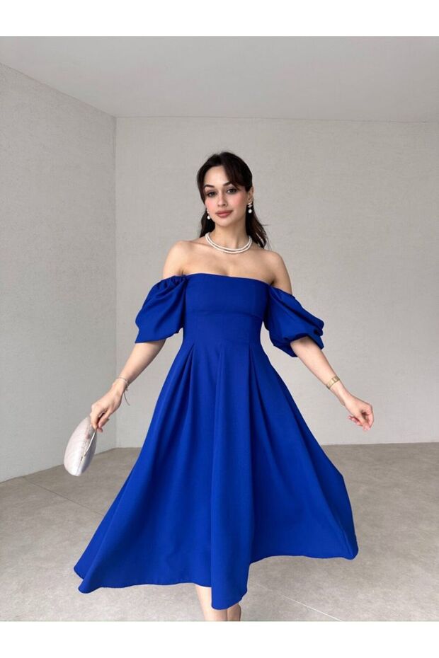 Kare Yaka Pileli Midi Boy Elbise - 3