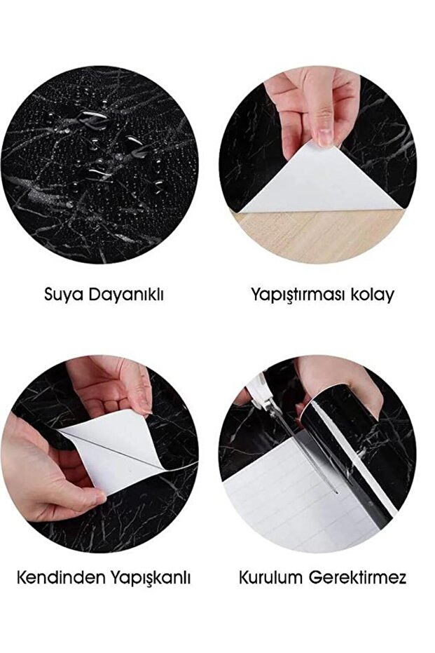 Mermer Desenli Kendinden Yapışkanlı Duvar Kağıdı Kaplama Mutfak Dolap Tezgah Üstü Folyo Siy - 4