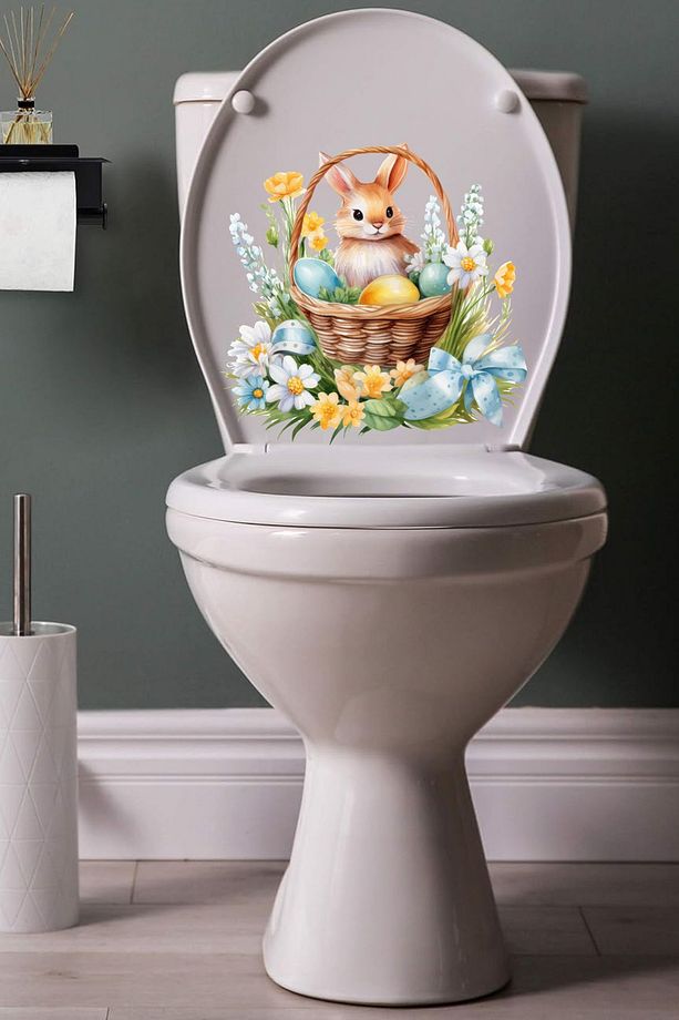 Sepetteki Minik Tavşan ve Kır Çiçekleri Temalı Klozet Sticker Banyo Sticker - 6