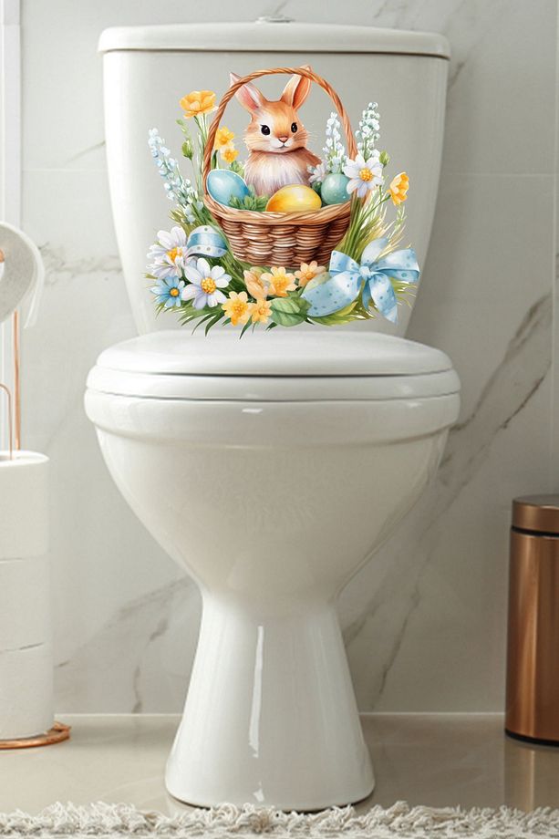 Sepetteki Minik Tavşan ve Kır Çiçekleri Temalı Klozet Sticker Banyo Sticker - 5