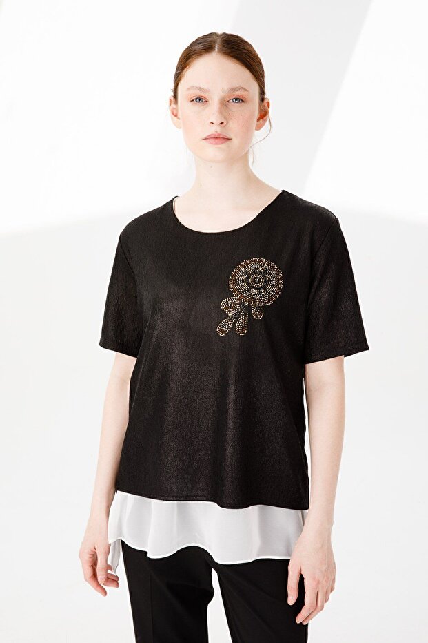 Women's Crew Neck Short Sleeve Chiffon Shiny Fabric Blouse Black