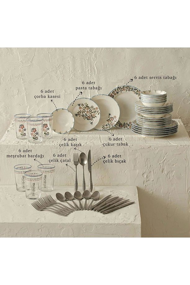 Vintage Porselen 48 Parça 6 Kişilik Yemek Takımı Full paket - 1