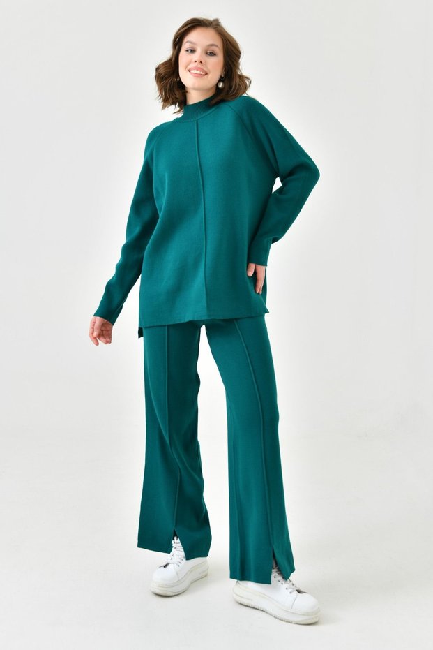 Women's Stand Collar Striped Sweater and Striped Slit High Waist Pants Green Bottom Top Knitwear Set 1070