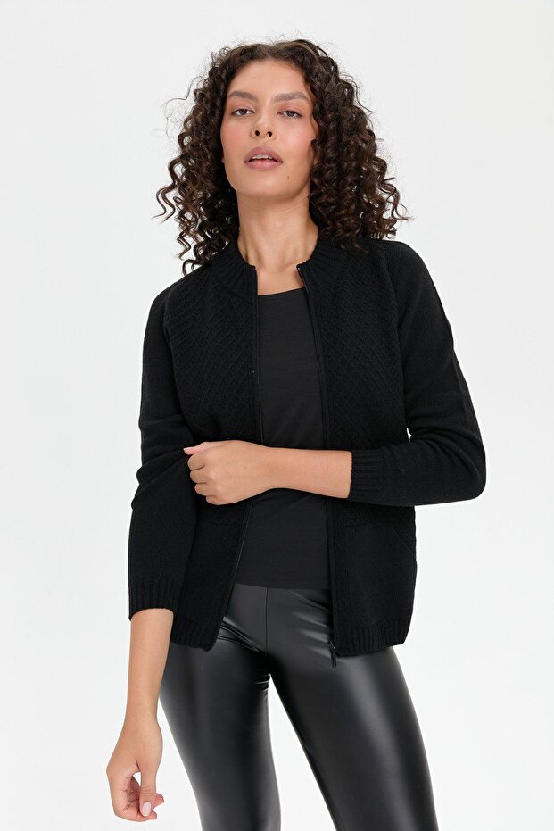 Women's Stand Collar Seamless Front Zipper Wool Cardigan Black