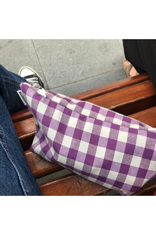 Purple Gingham Washable Zippered Single Eye Cloth Pen Holder Pencil Case Wallet Makeup Bag