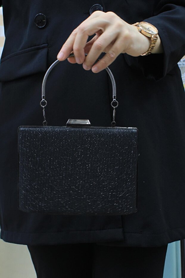 Women's Black Glitter Evening Dress, Clutch Evening Bag