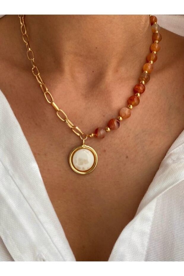 Doğaltaşlı Sedef Uçlu Kolye - 1