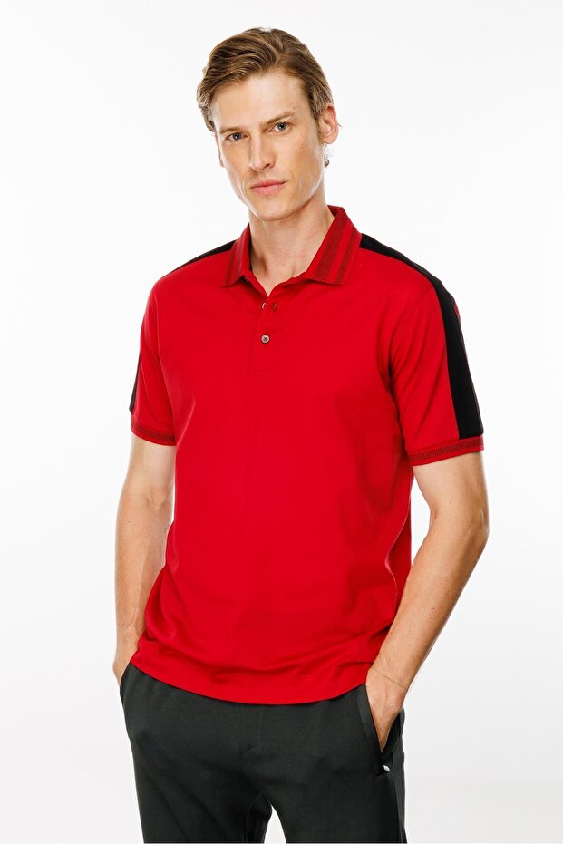 Men's Polo Collar T-Shirt with Shoulder Stripes Red