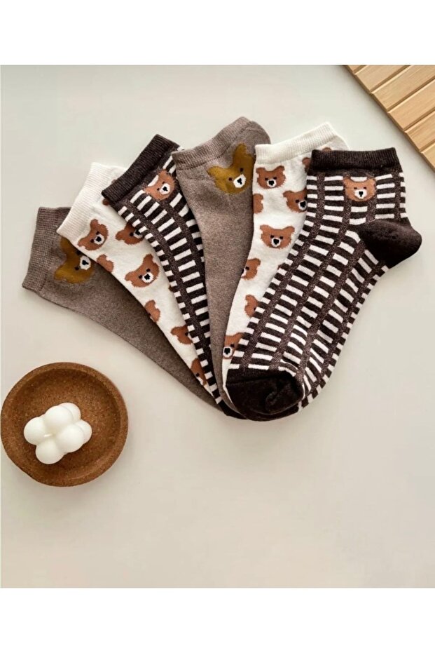 3 Pairs of Women's Cute Bear Patterned Washable Booties Socks