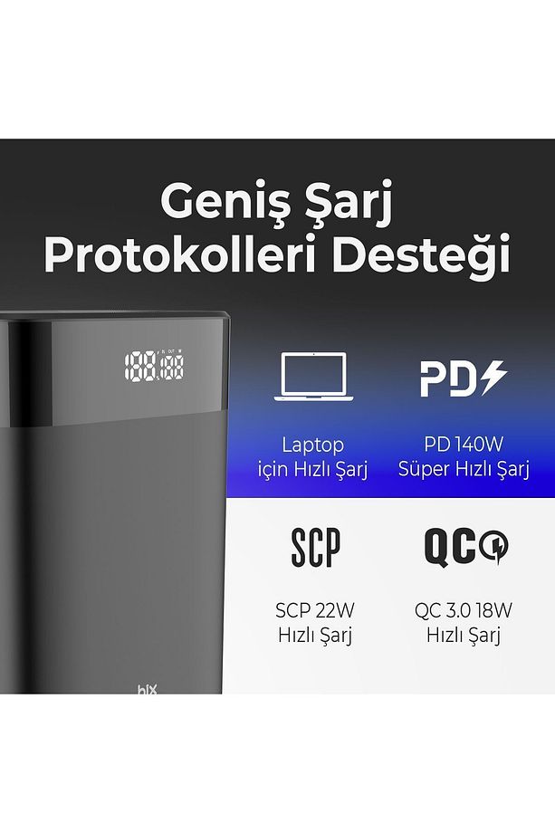 Pb140w 30000mah Usb Ve 2*type-c Pd 140w Üç Çıkışlı Dijital Ekranlı Powerbank Siyah - 5