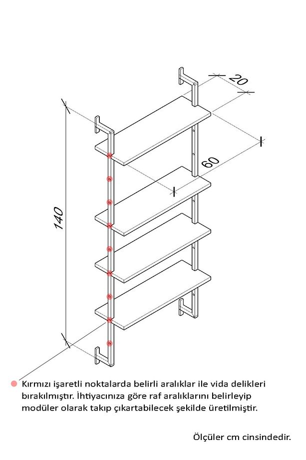 Modüler Model 4 Raflı Duvara Monte Kitaplık Duvar Rafı Aksesuar Rafı Ceviz Raf 412 - 8