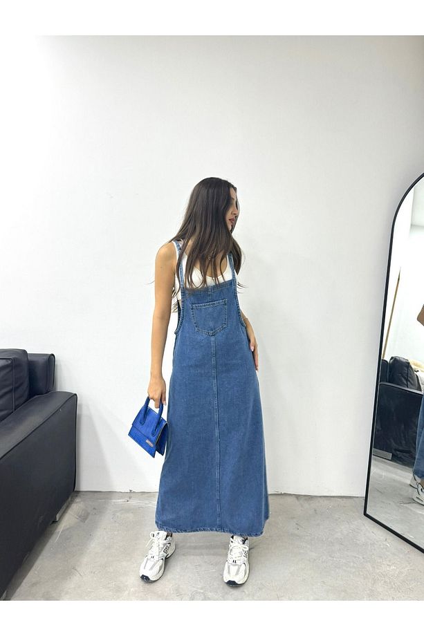 KN Uzun Bahçevan Ön Cepli Askılı Denim Elbise - 4