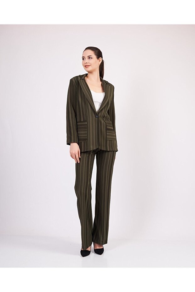 Striped Pocketed Blazer Jacket and Palazzo Pants Suit