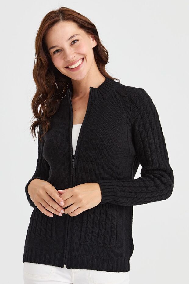 Women's High Collar Pocket and Sleeve Hair Knitted Wool Cardigan Black