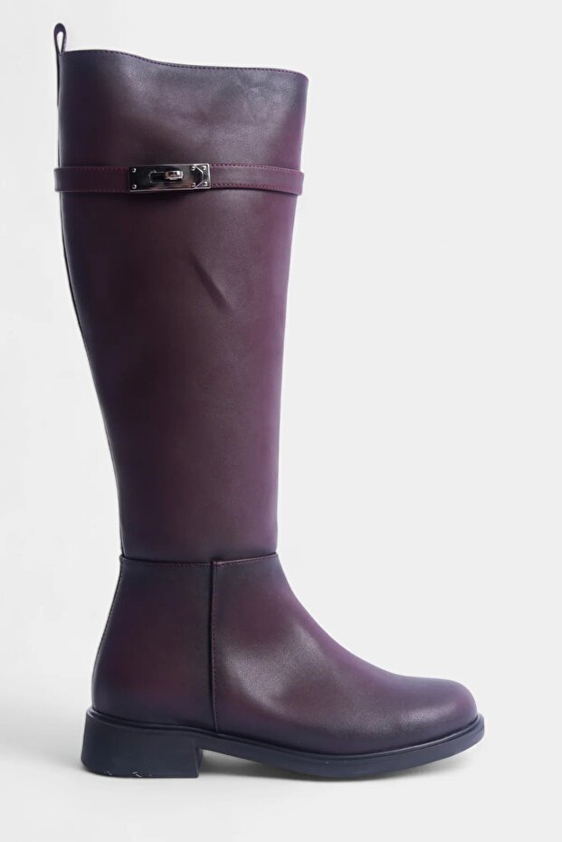 Burgundy Side Zipper Rubber Sole Buckle Round Toe Women's Boots