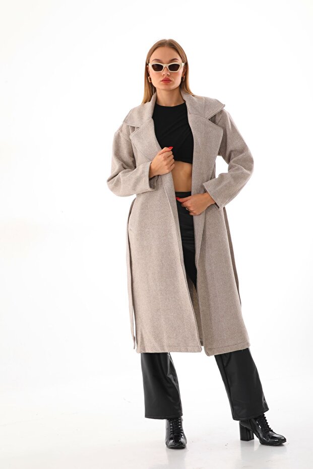 Women's Houndstooth Patterned Belted Long Stamp Coat