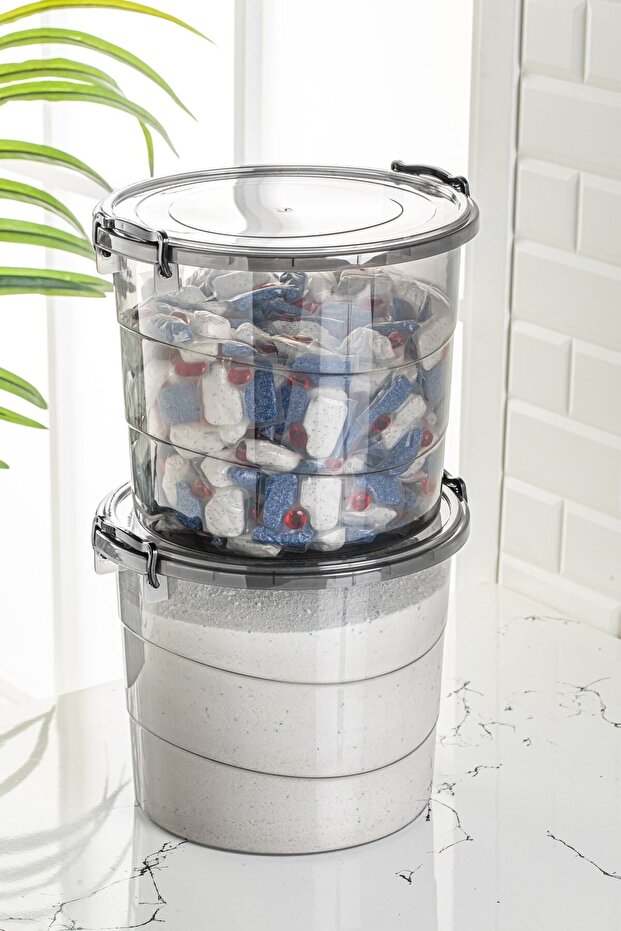 Mega Size 2 Piece Round Flour and Legumes Container 7 Liters - Detergent Storage Box Container with Handle Anthracite - 4