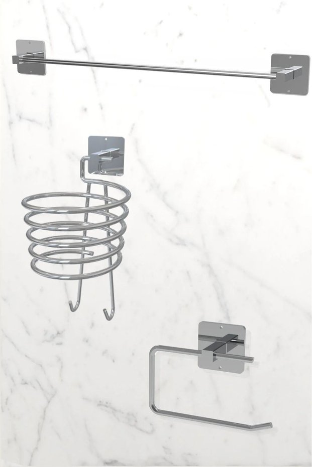 Silver 3-Piece Adhesive Bathroom Set - Towel Holder, Wc Paper Holder and Blow Dryer